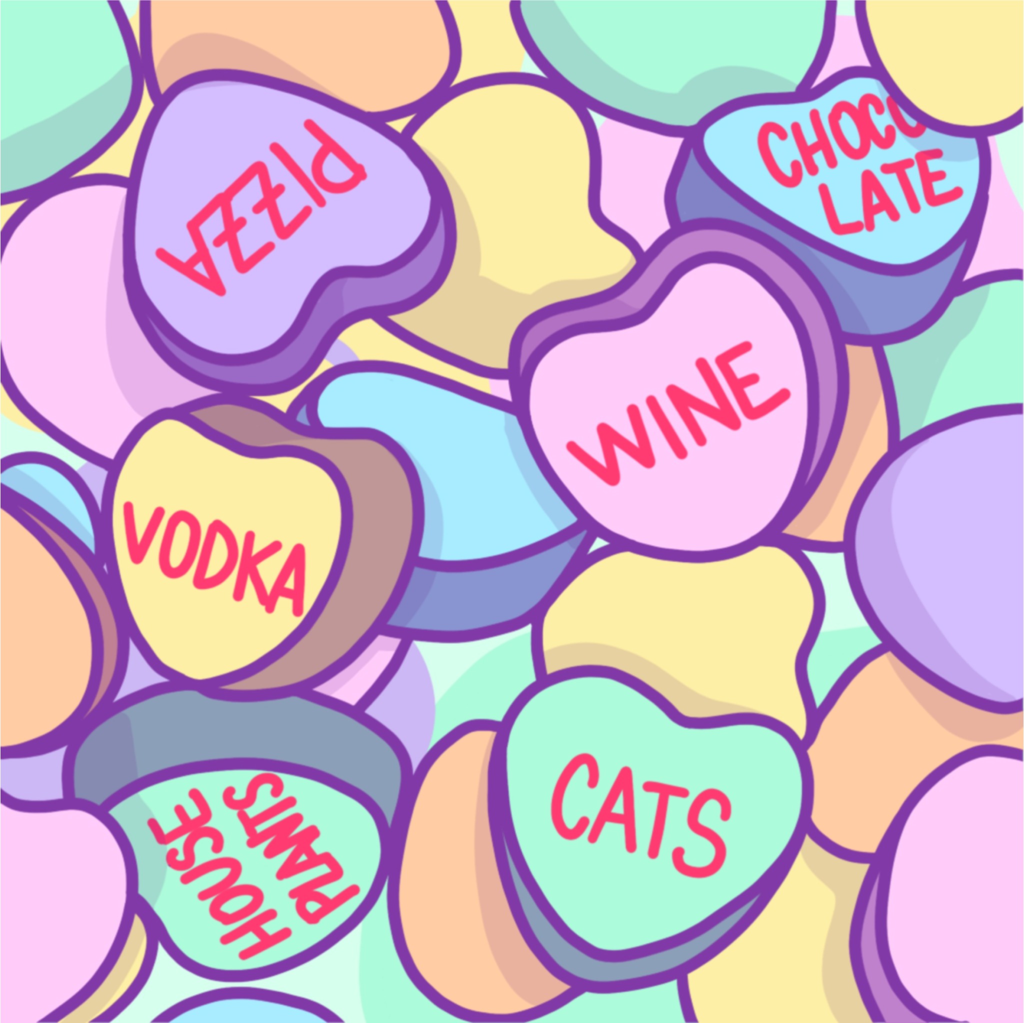 Pastel candy hearts decorated with playful favorite-things labels