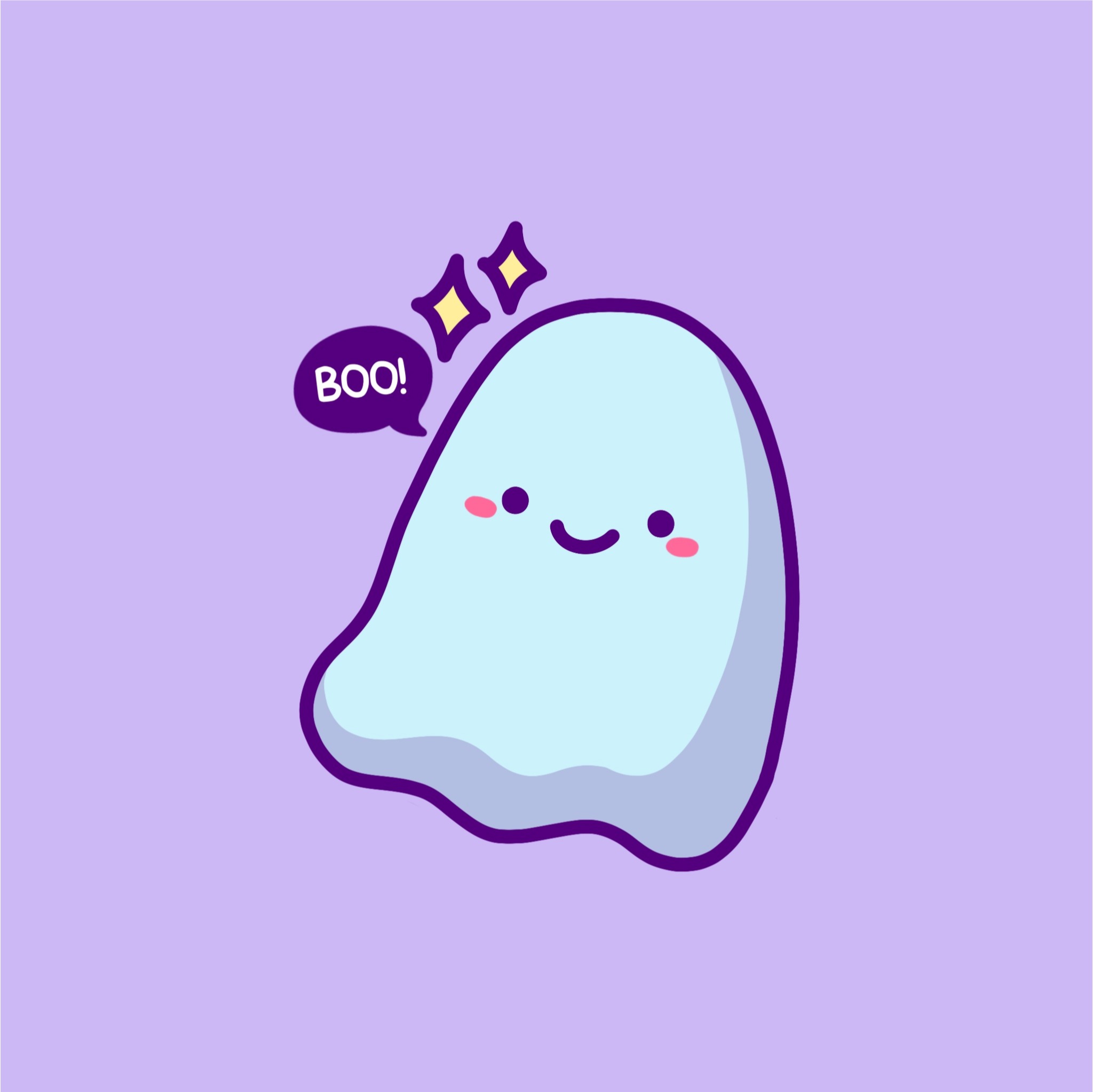 Smiling pastel ghost saying Boo on a lavender background