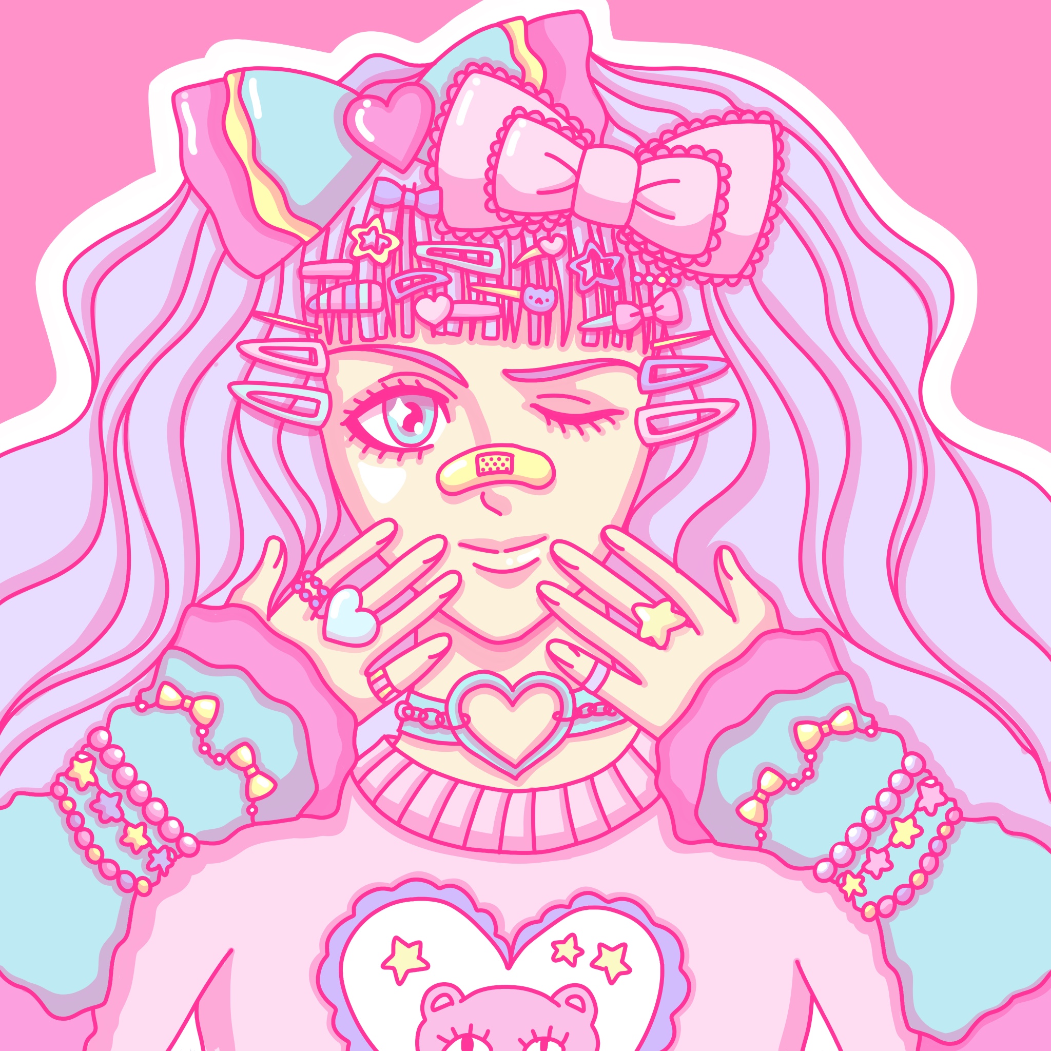 Pastel Decora girl with lavender hair, colorful hair clips and layered jewelry