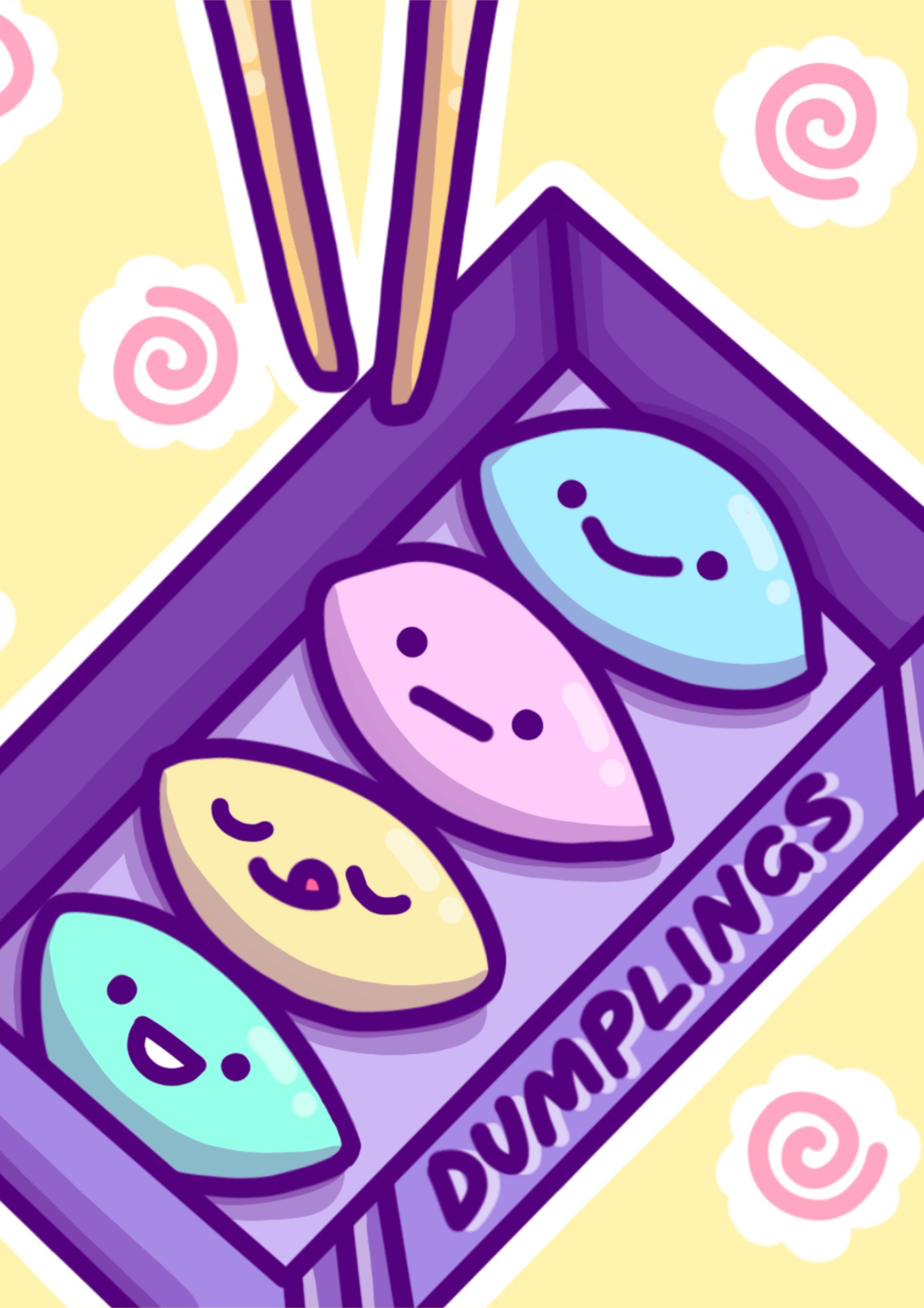 Cute colorful dumplings smiling inside a purple takeaway box