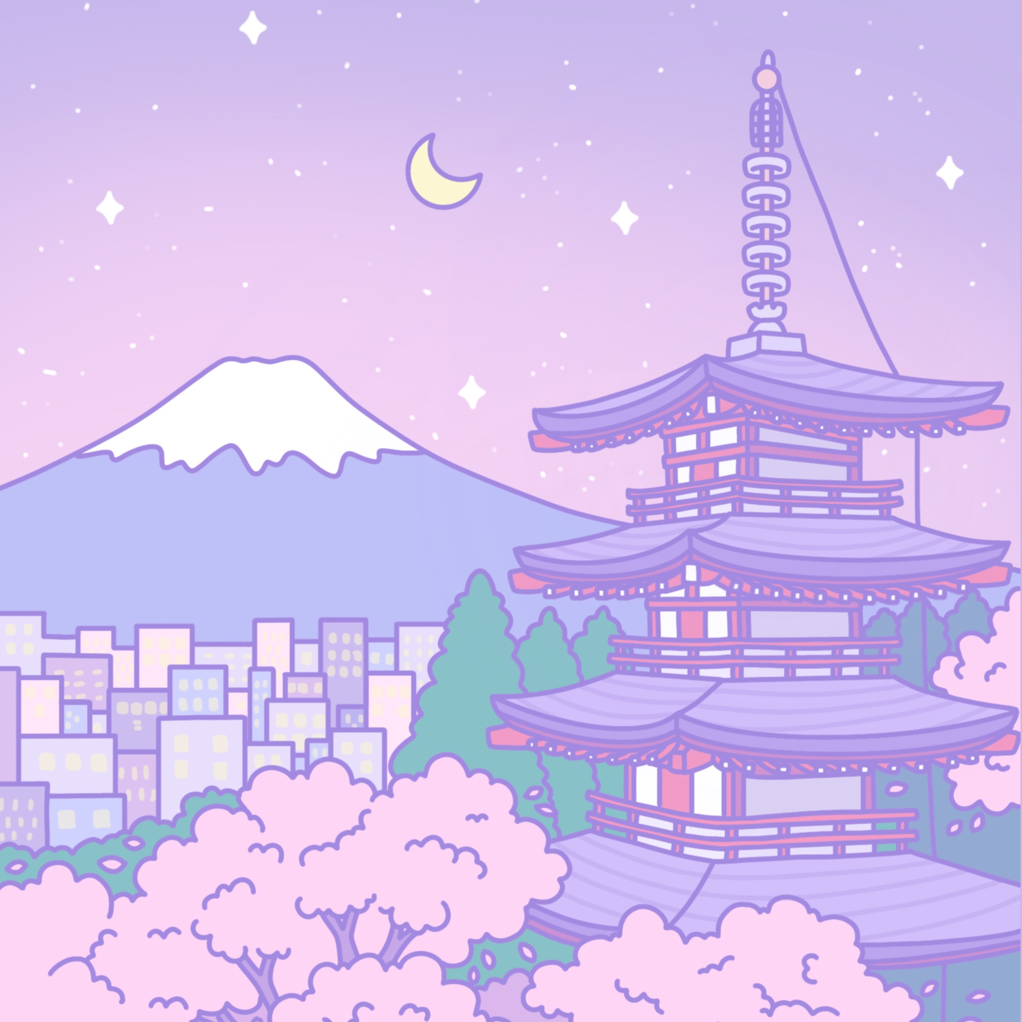 Pastel illustration of Mount Fuji and Chureito Pagoda