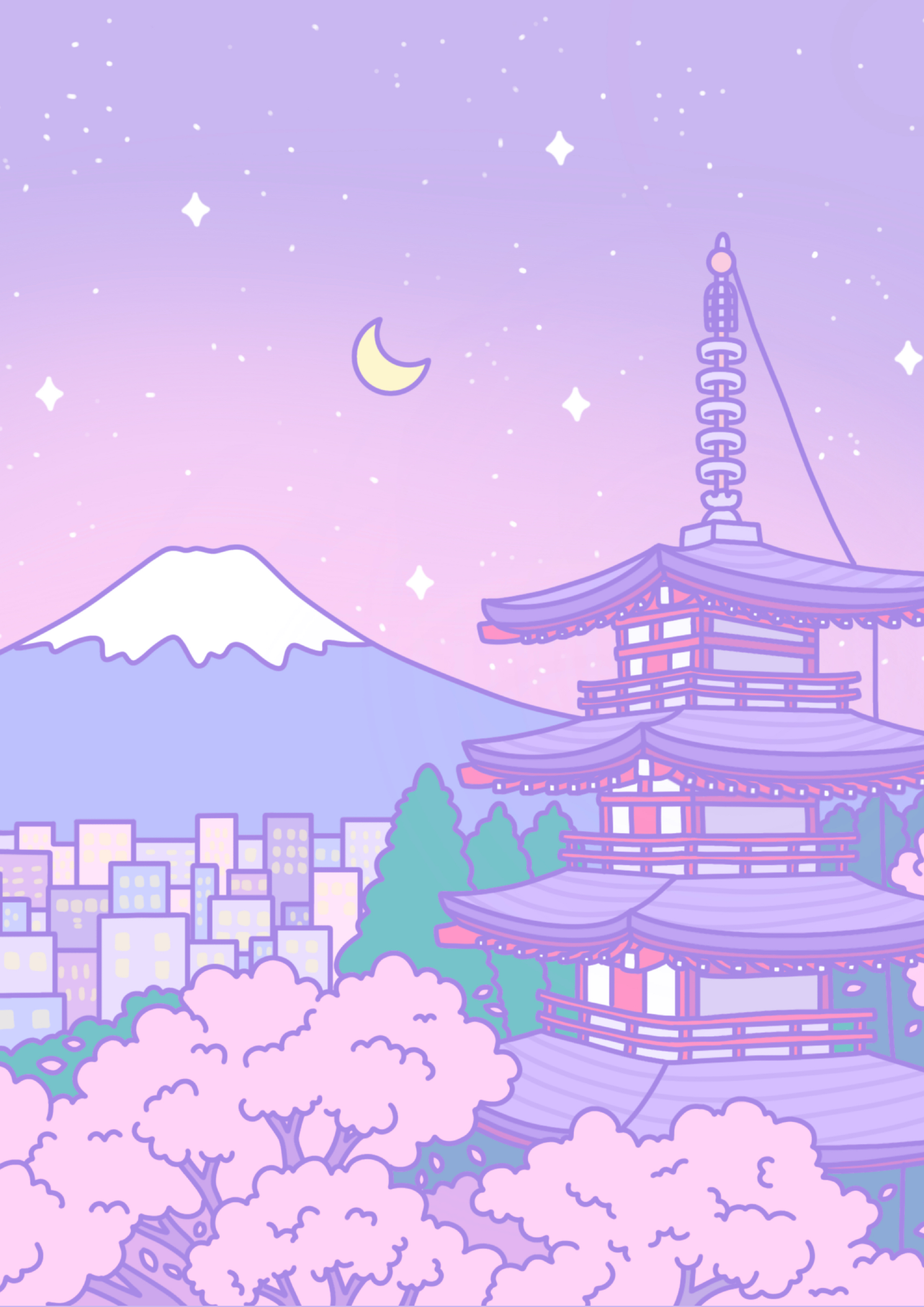 Pastel view of Mount Fuji and Chureito Pagoda beneath a crescent moon