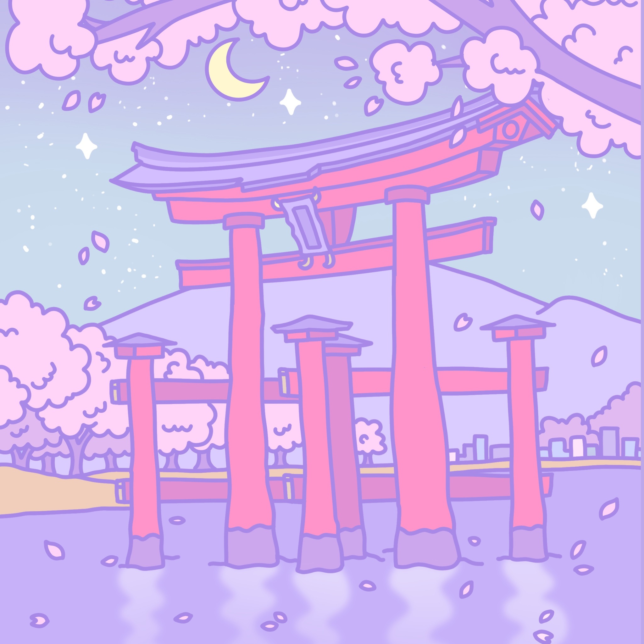Pastel illustration of a pink torii gate and cherry blossoms