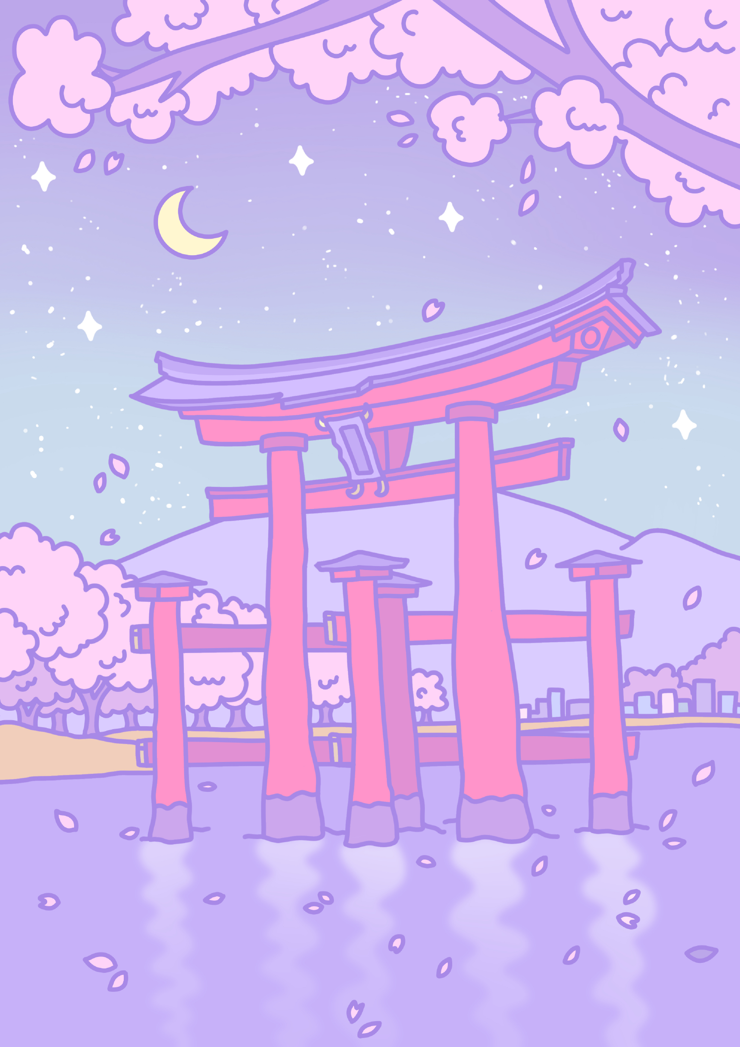 Pink torii gates surrounded by cherry blossoms in a moonlit pastel landscape