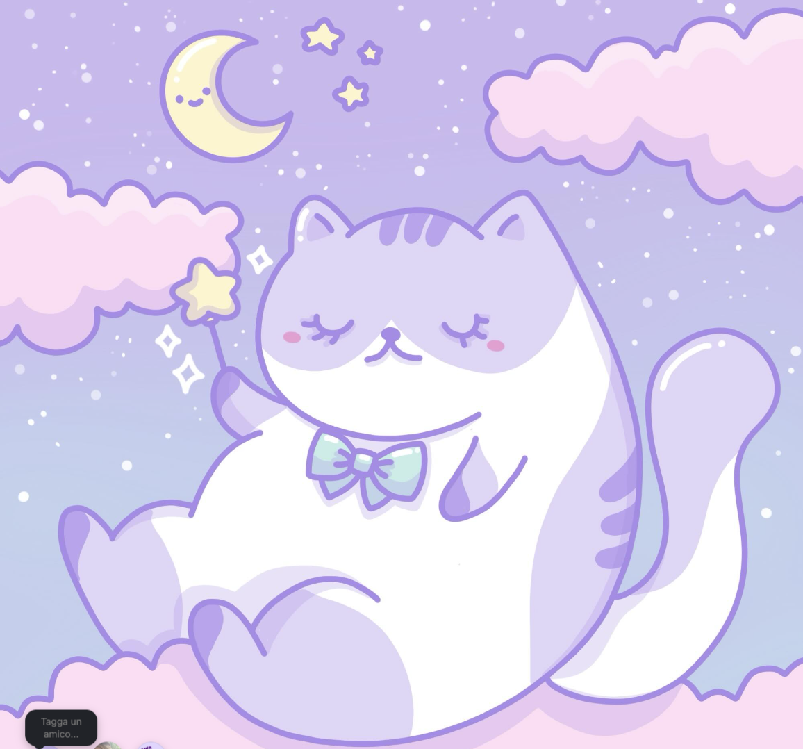 Chubby lavender cat holding a star beneath a smiling crescent moon