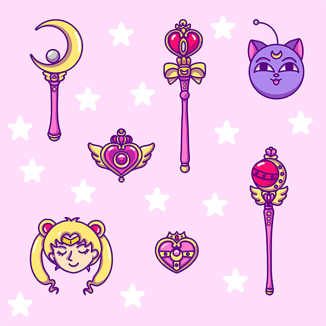 Collection of colorful magical girl objects and cat motifs on a pink background