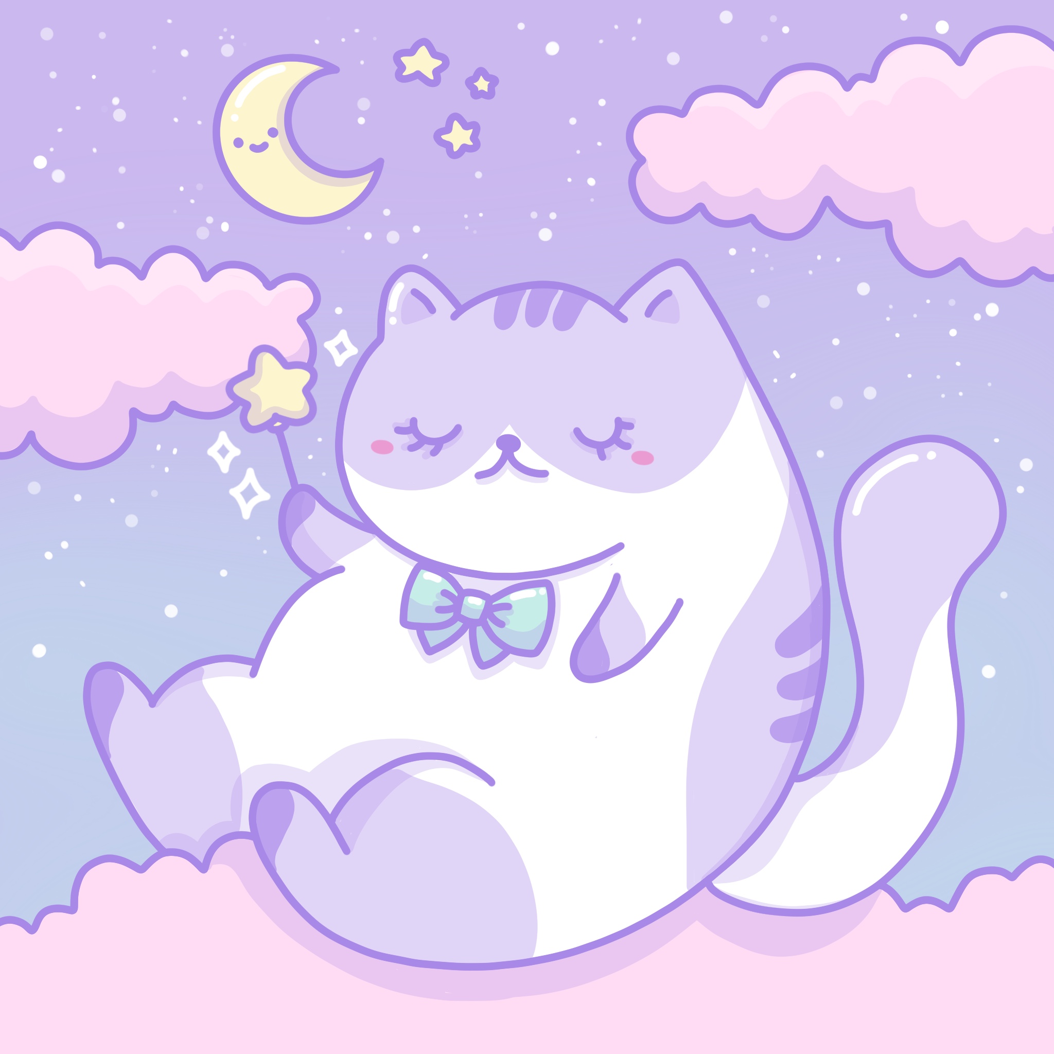 Paobi illustration of a sleepy pastel cat among pink clouds, stars and a smiling moon