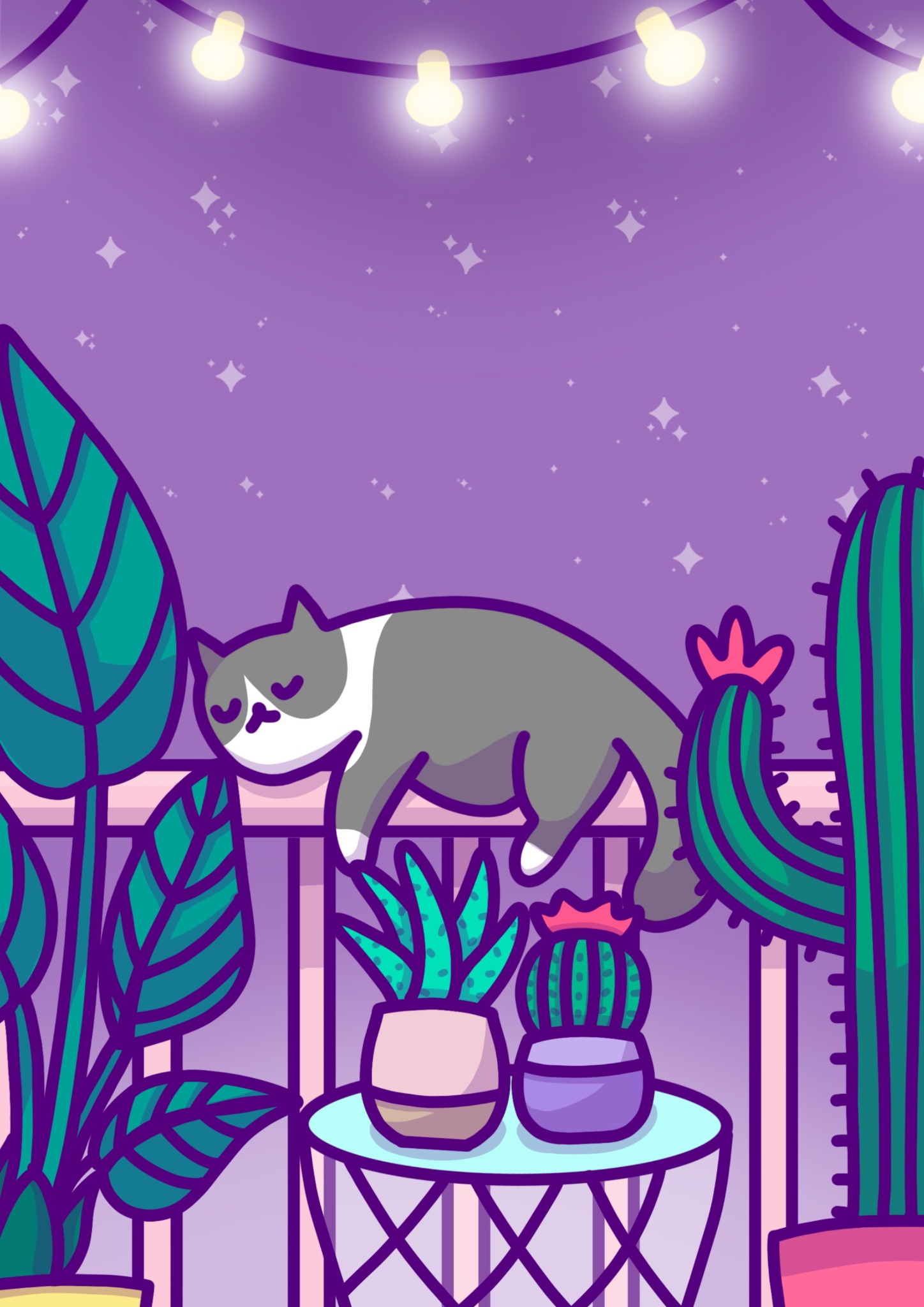 Sleepy grey cat balancing among houseplants under warm string lights