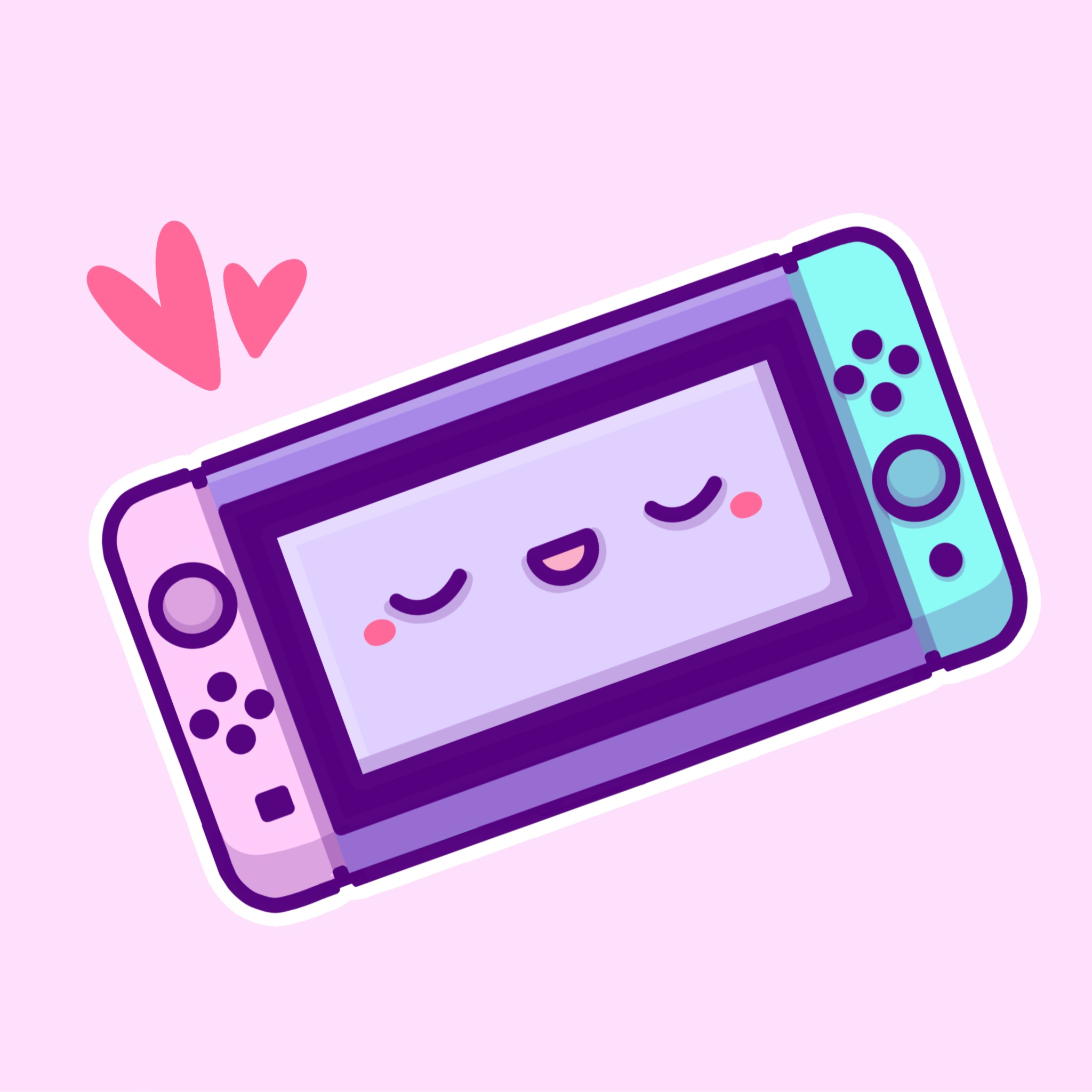 Pastel handheld game console with a smiling screen