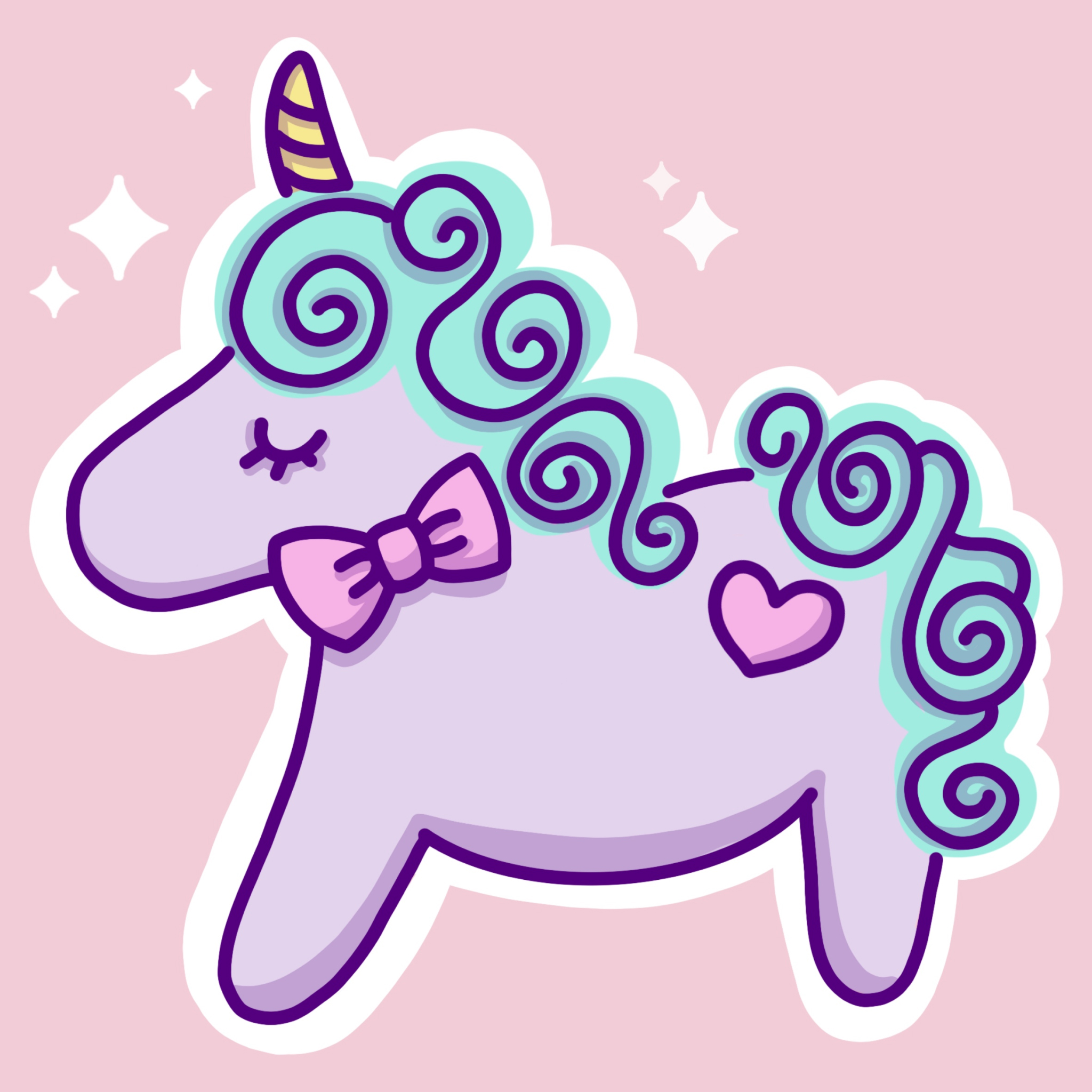 Pastel lavender unicorn with mint curls and a pink bow