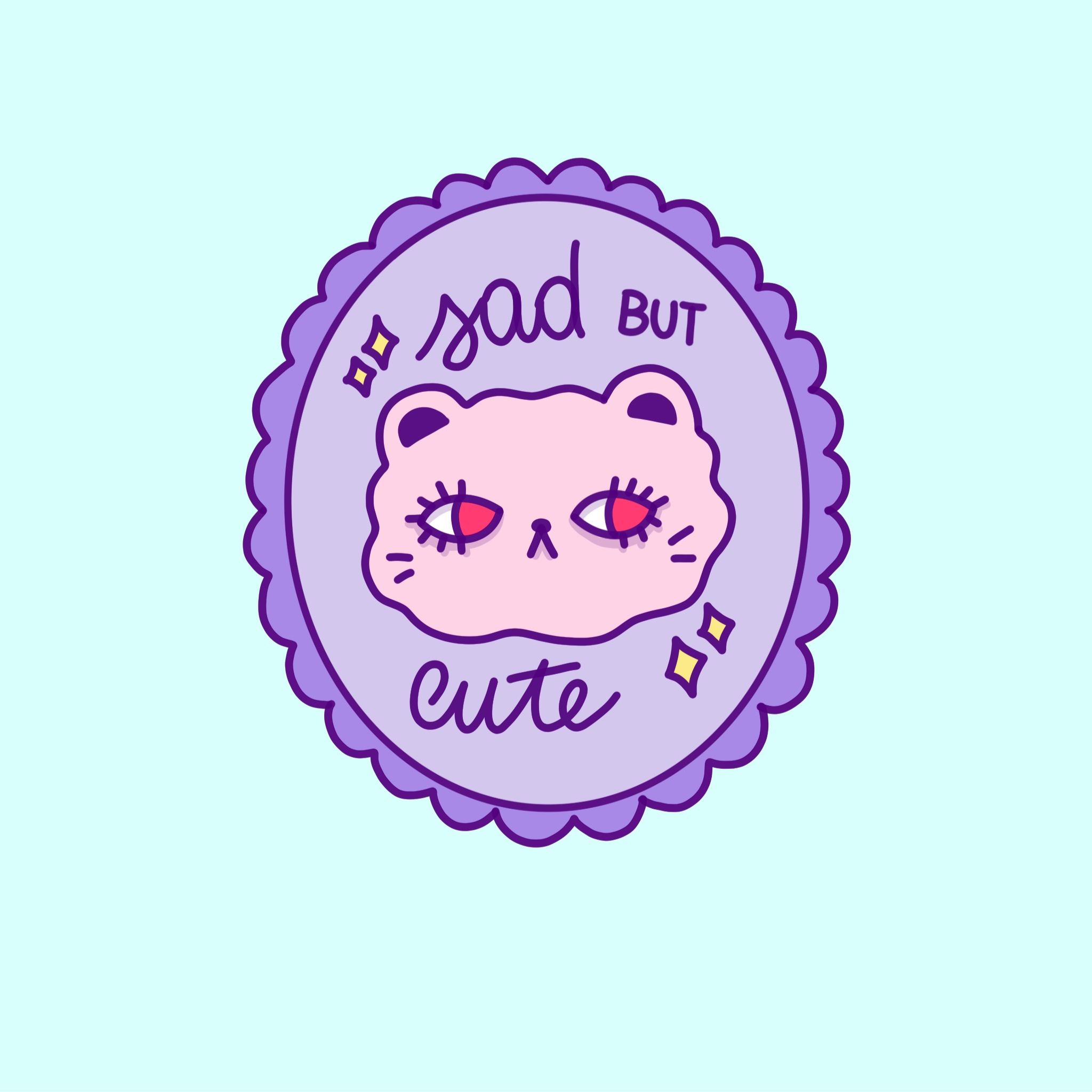 Pink character face in a lavender ornate frame with the words Sad but Cute