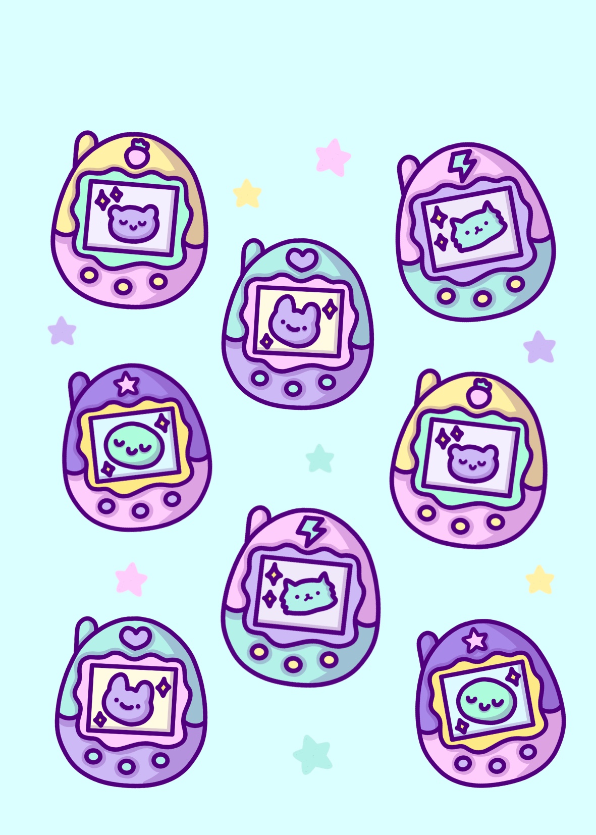 A playful pattern of colorful virtual pets and tiny stars