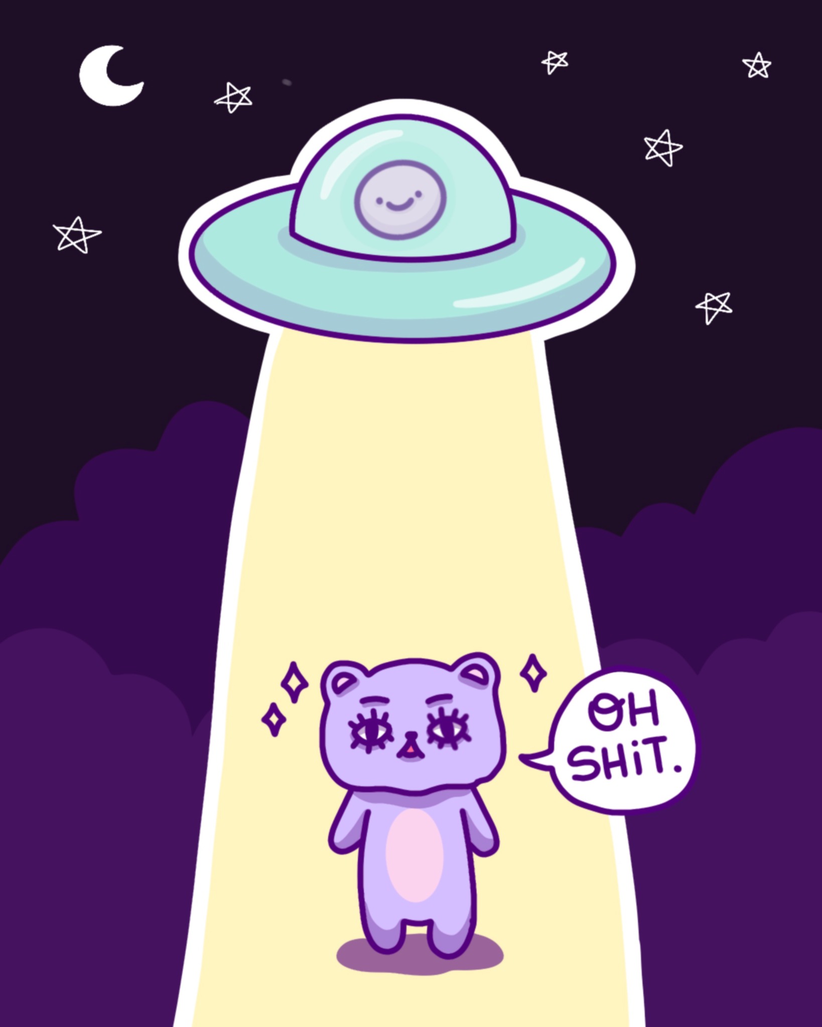 Purple cartoon cat surprised by a mint flying saucer under a starry night sky
